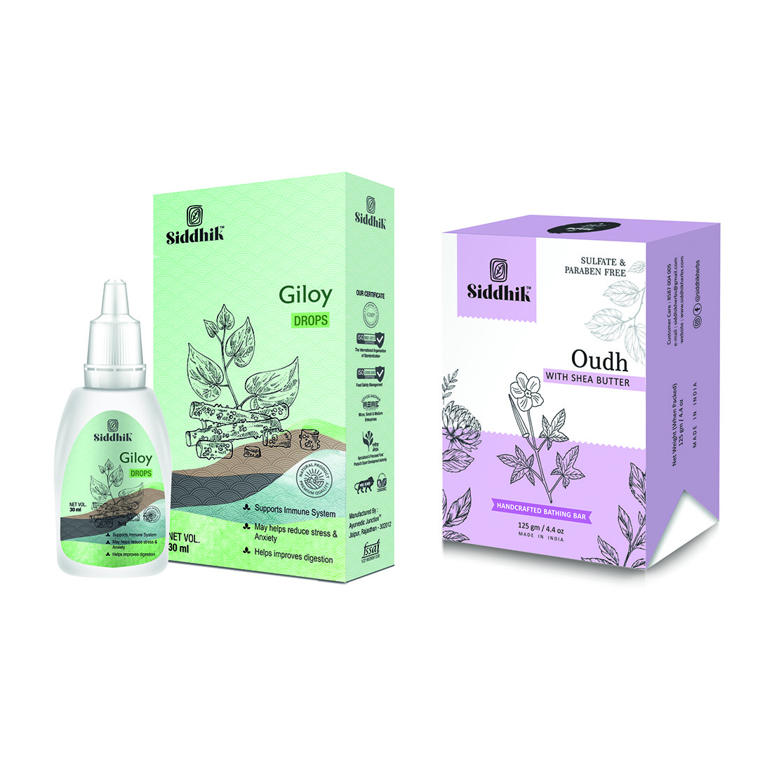 Siddhik Giloy Drops 30 ML with Oudh With Shea Butter Sulfate with Paraben Free Handcrafted Bathing Bar 125 gm
