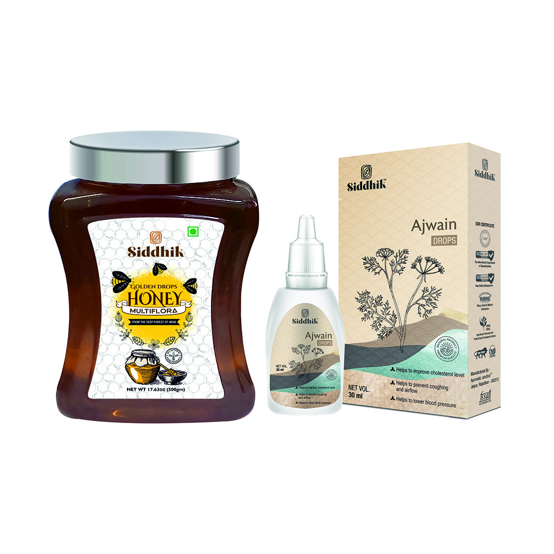 Siddhik Golden Drops Multiflora Honey 500 grams with Ajwain Drops 30 ML