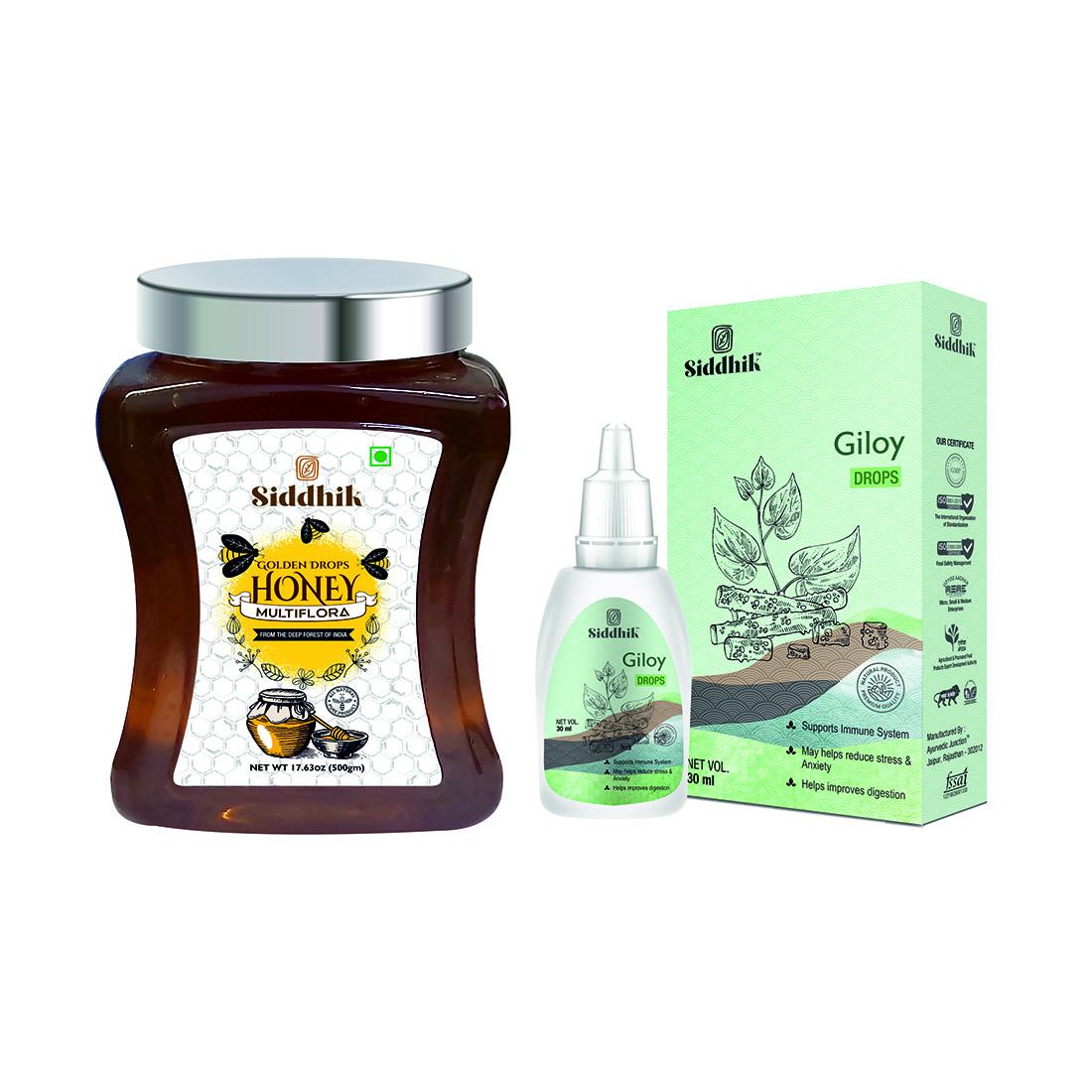 Siddhik Golden Drops Multiflora Honey 500 grams with Giloy Drops 30 ML