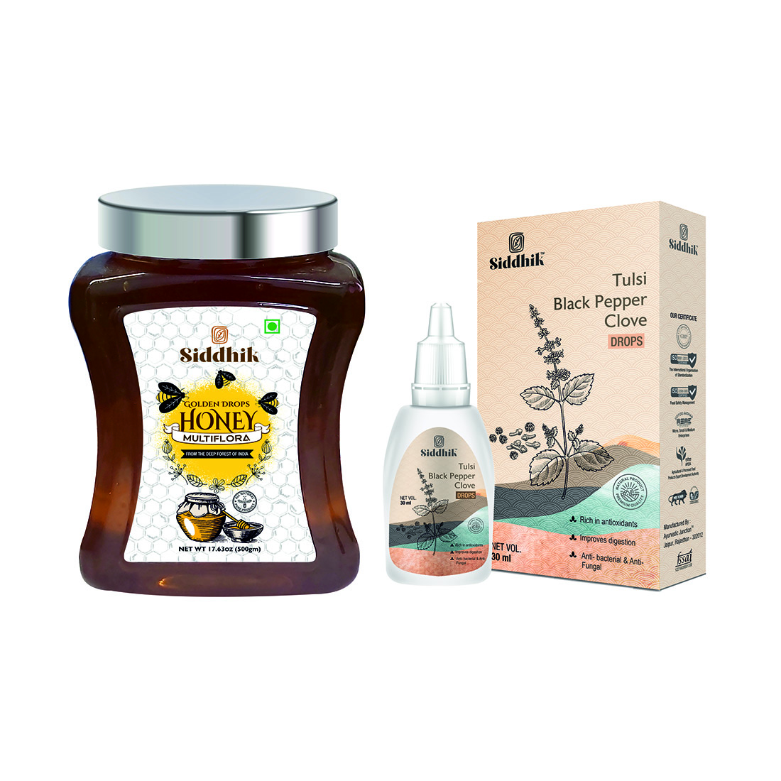 Siddhik Golden Drops Multiflora Honey 500 grams with Tulsi, Black Pepper, Clove Drops 30 ML