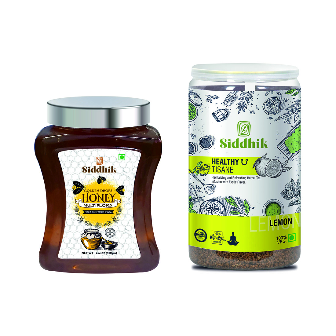 Siddhik Golden Drops Multiflora Honey 500 grams with Healthy U Tisane Lemon Tea Revitallizing and Refreshing Herbal Tea Infusion 250 grams