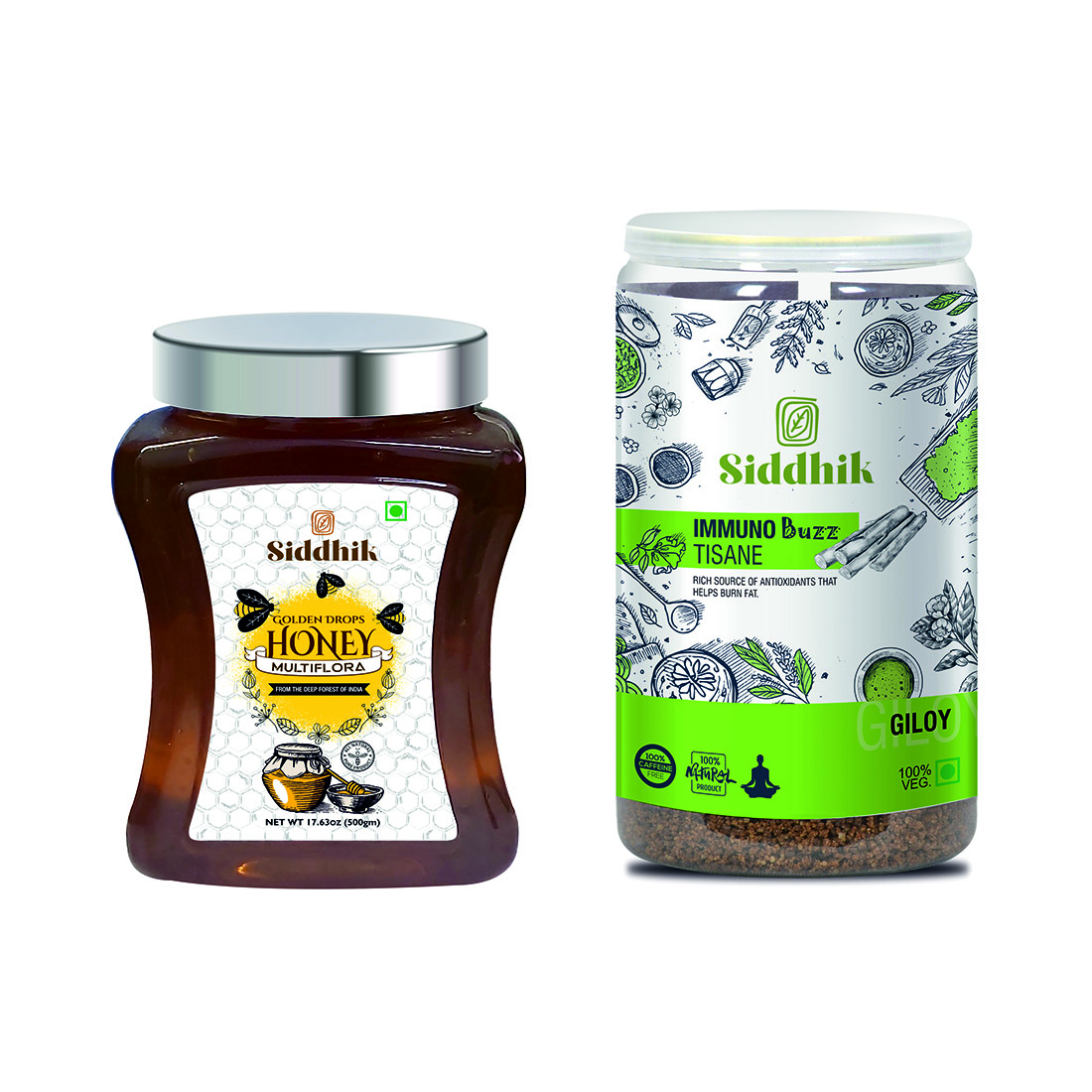 Siddhik Golden Drops Multiflora Honey 500 grams with Immuno Buzz Giloy Tea Rich source of antioxidants that helps burn fat 250 grams